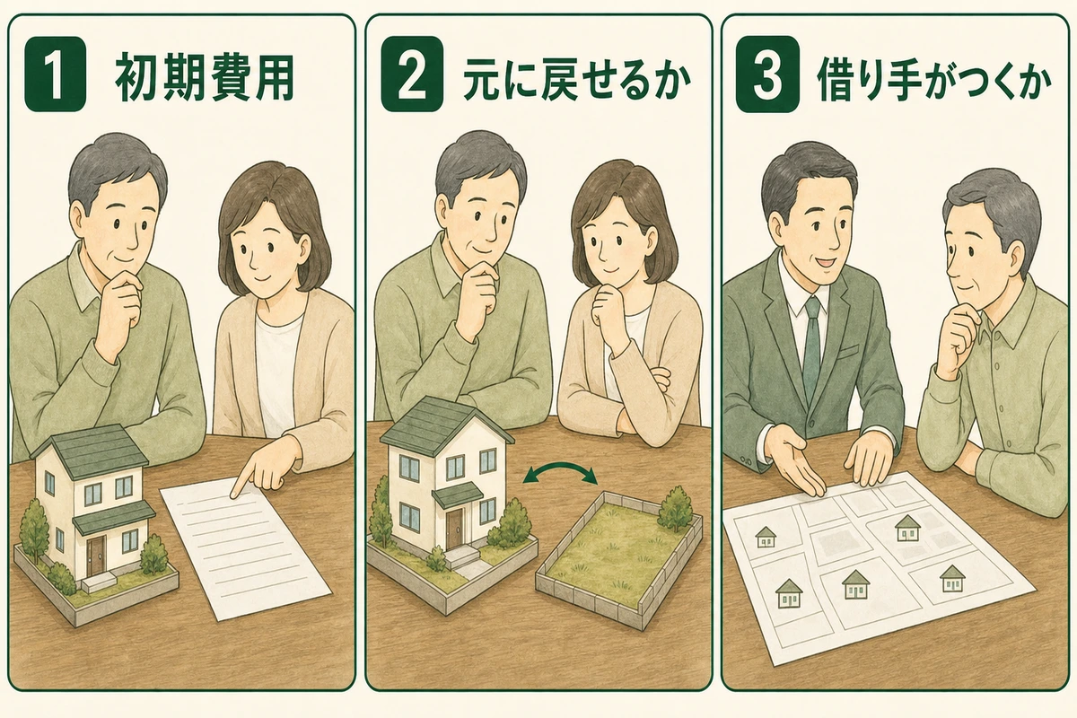初期費用と戻しやすさ、借り手の見込みを三つの場面で比べる図解