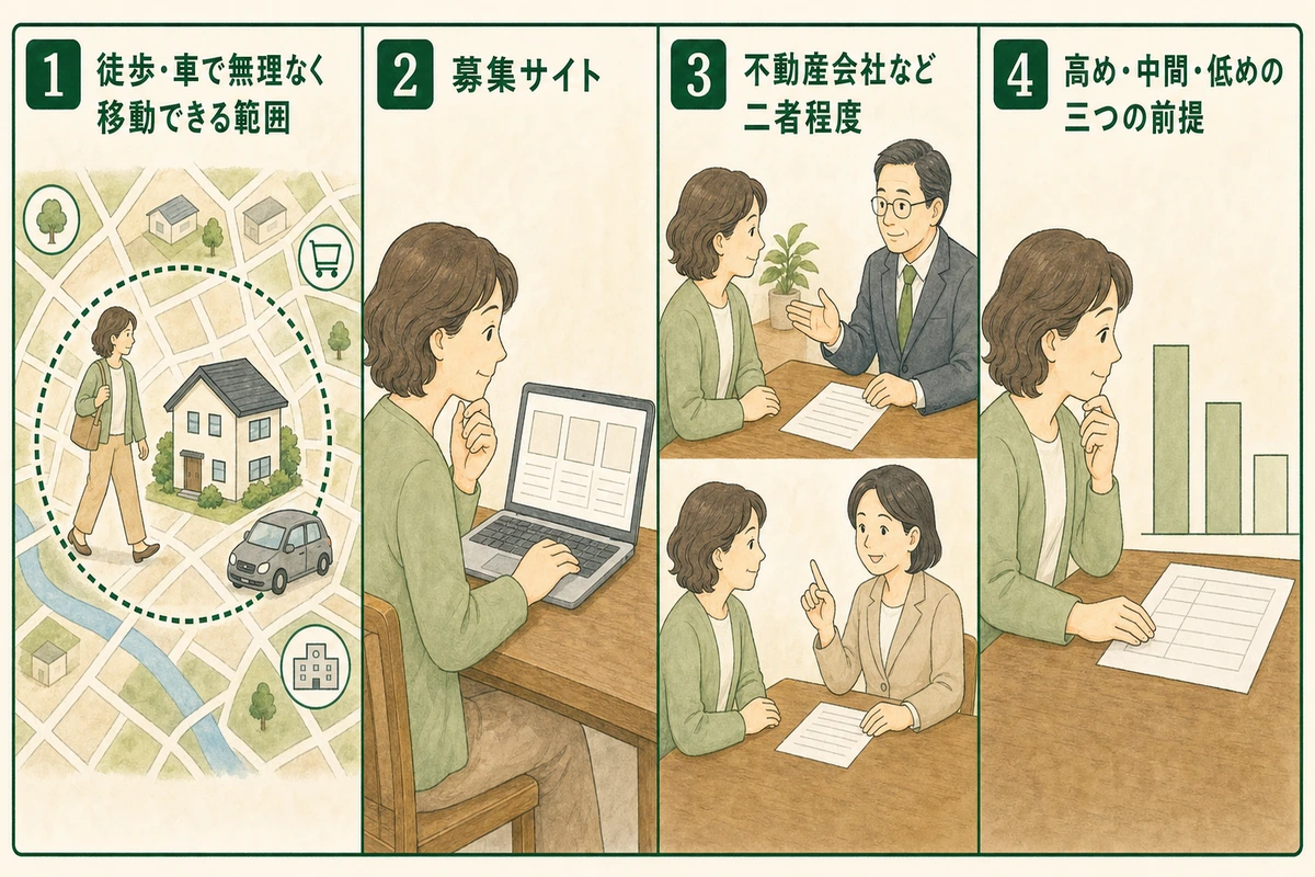 所在地の範囲設定から募集情報と聞き取り、稼働前提までを追う図解