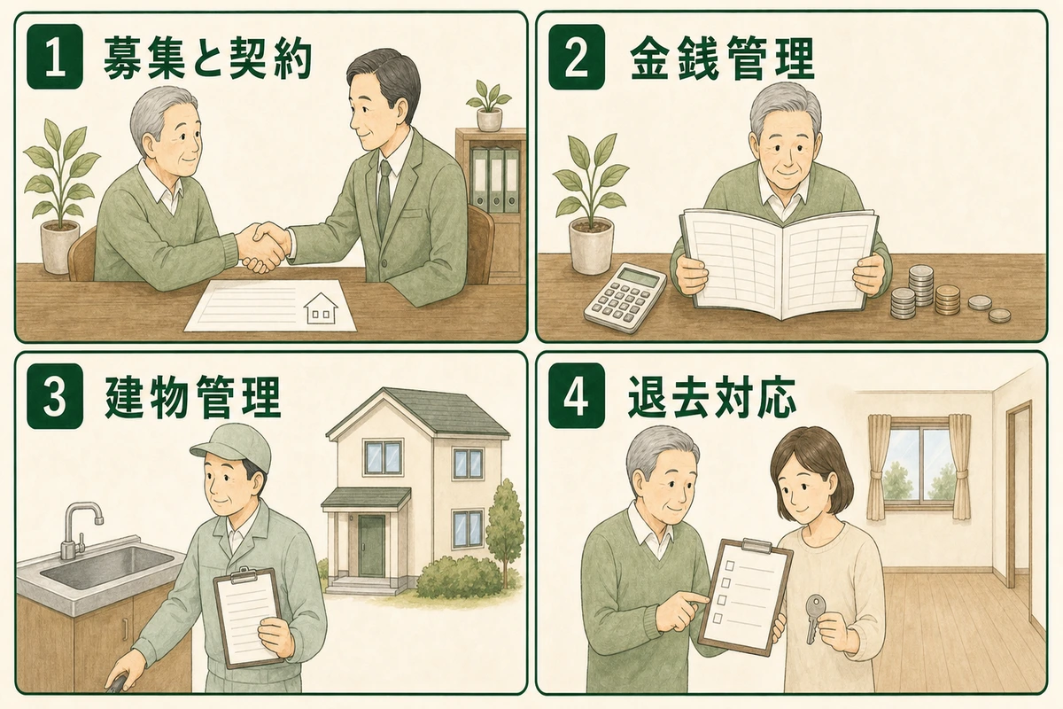 契約、金銭、建物、退去の管理場面を四つのカードに分けて示した図解