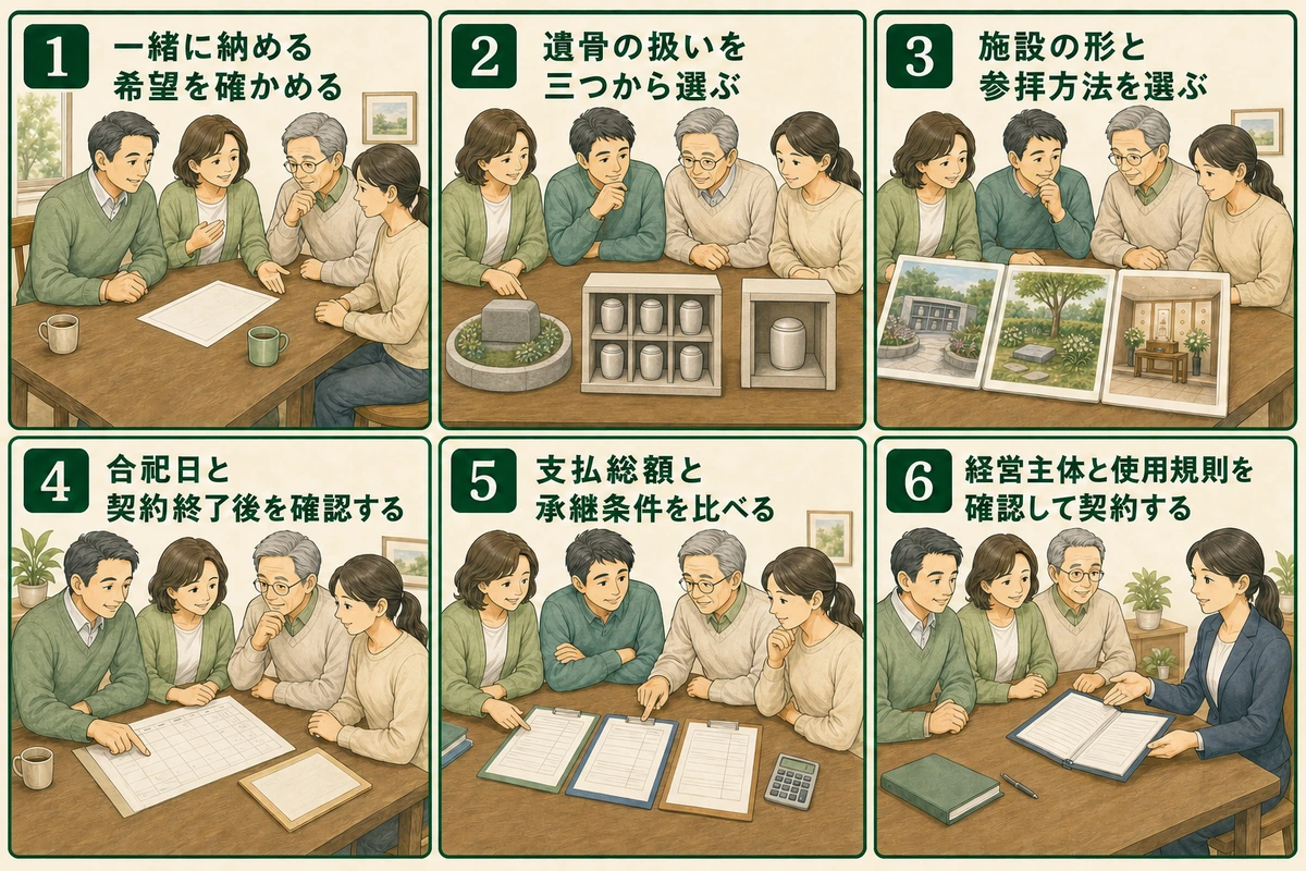 家族が永代供養を選ぶ順番を相談や書類確認の6場面で示した図解
