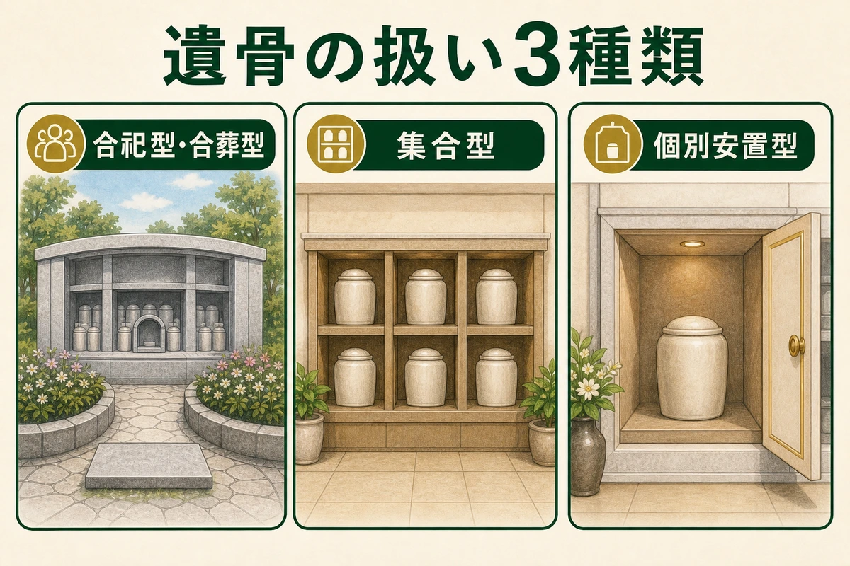 合祀型・集合型・個別安置型を遺骨の納め方と区画の違いで比べた図解