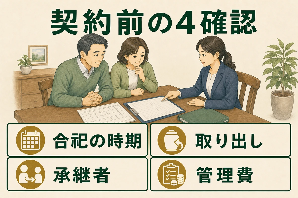合祀時期・取り出し・承継者・管理費を家族が書面で確認する図解