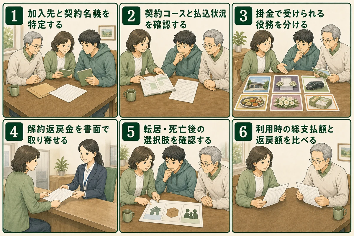 互助会の契約確認から利用時総額と返戻額の比較までを6手順で示す図解