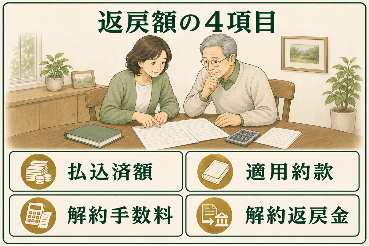 払込済額、適用約款、解約手数料、解約返戻金を確認する家族の図解