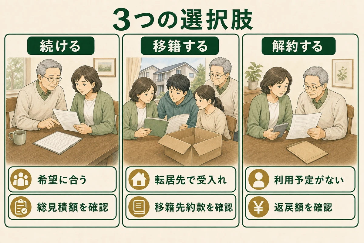 続ける、移籍する、解約する条件を書類と家族で比べる3場面の図解