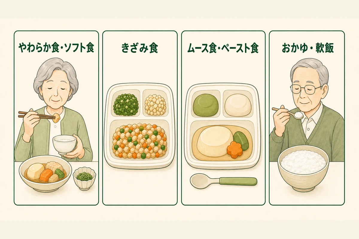 高齢者向けのやわらか食・きざみ食・ムース食・おかゆを4枠で比べた図解