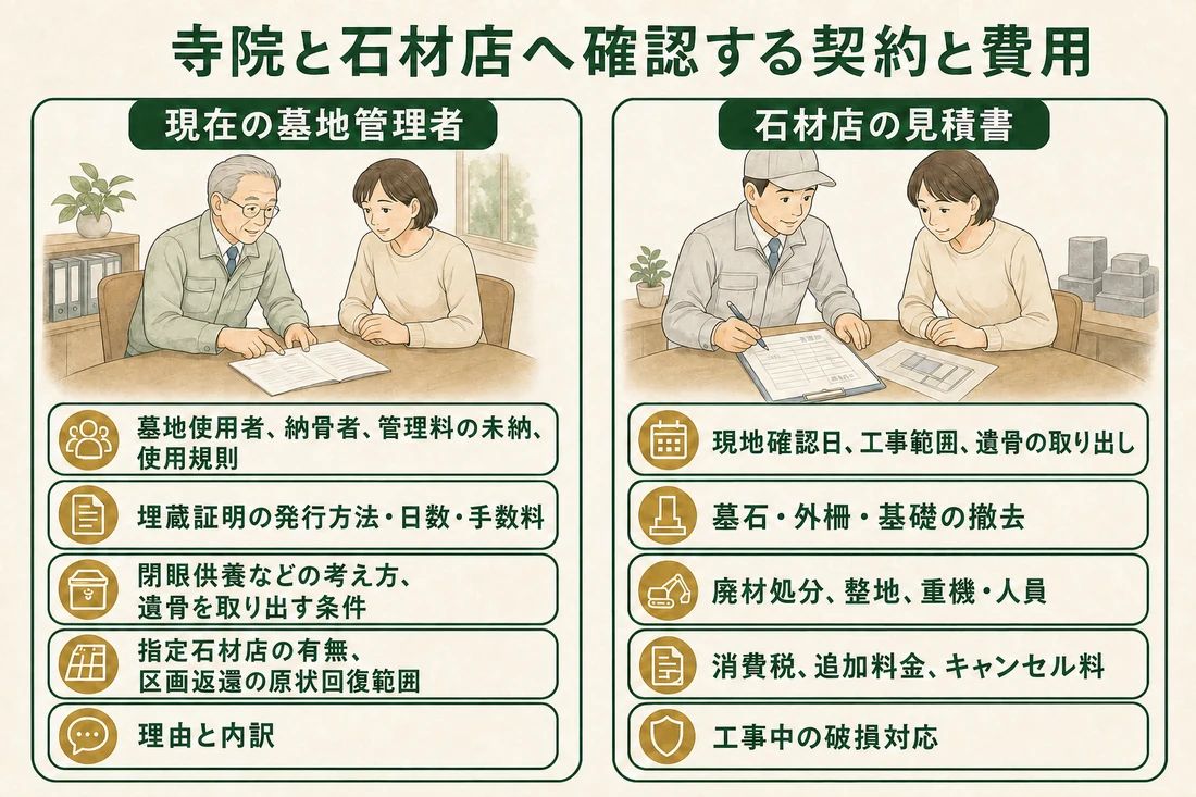 現在の墓地管理者と石材店に確認する契約・見積項目の図解