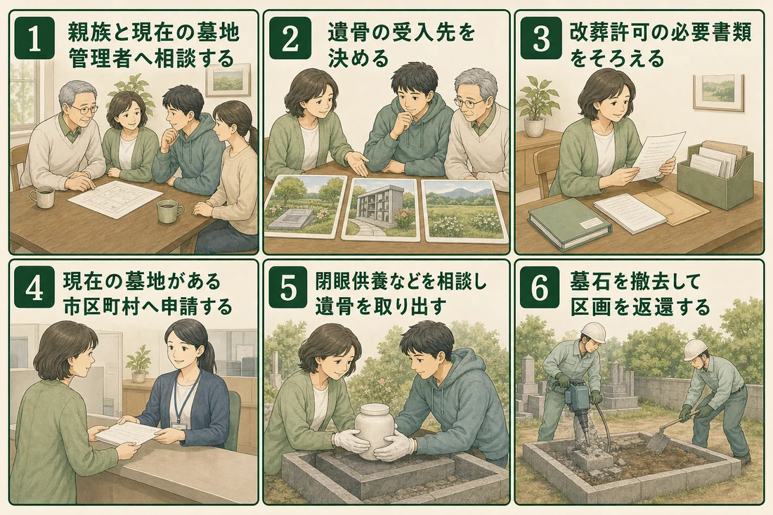墓じまいを親族相談から区画返還まで6手順で示した図解
