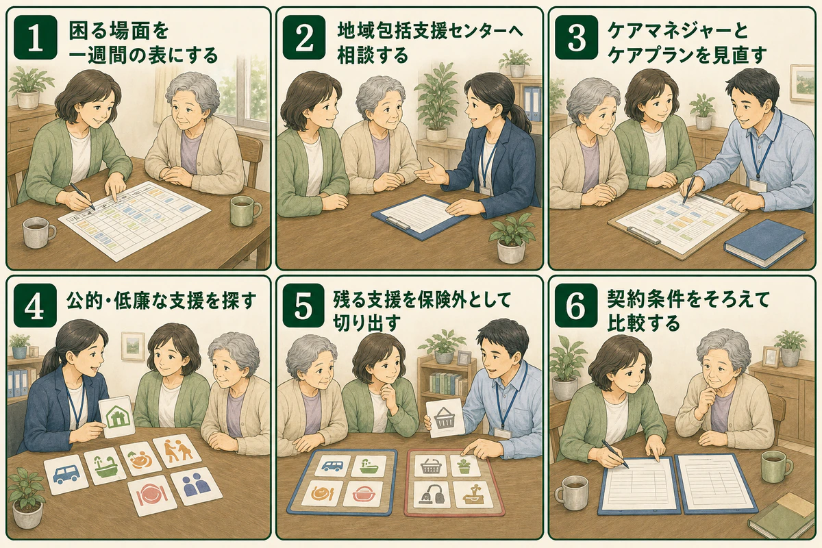 日本人の家族が相談から契約条件の比較までを六つの場面で順に進める図解