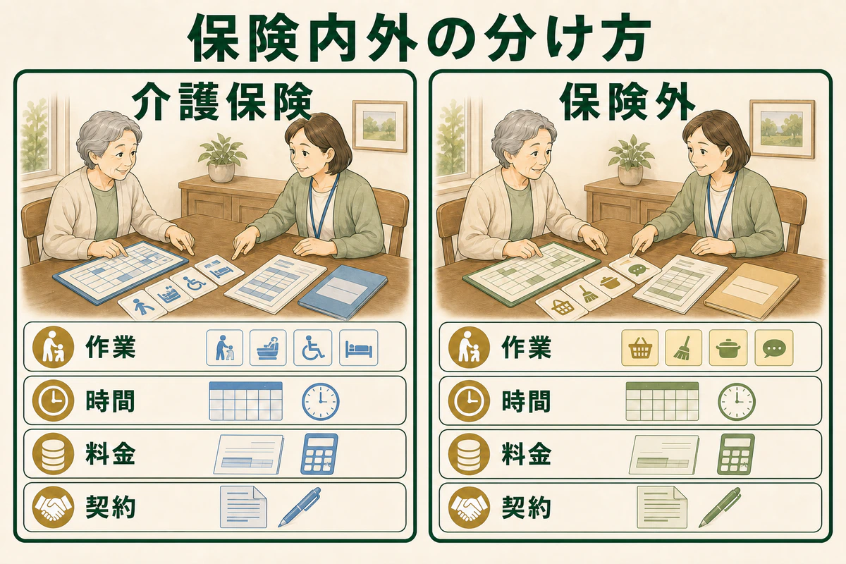 高齢者と支援者が介護保険と保険外を作業・時間・料金・契約で分ける図解