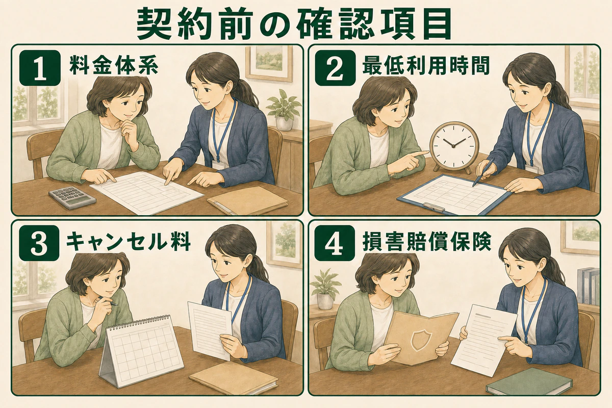 日本人の利用者と支援者が見積書や時計、予定表、保険書類を確認する四場面の図解