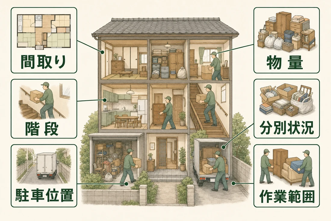 家の場面で間取り、物量、階段、駐車位置、分別状況、作業範囲を示す図解