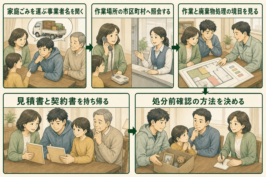 家庭ごみを運ぶ事業者名の確認から処分前確認までを5コマで示す図解