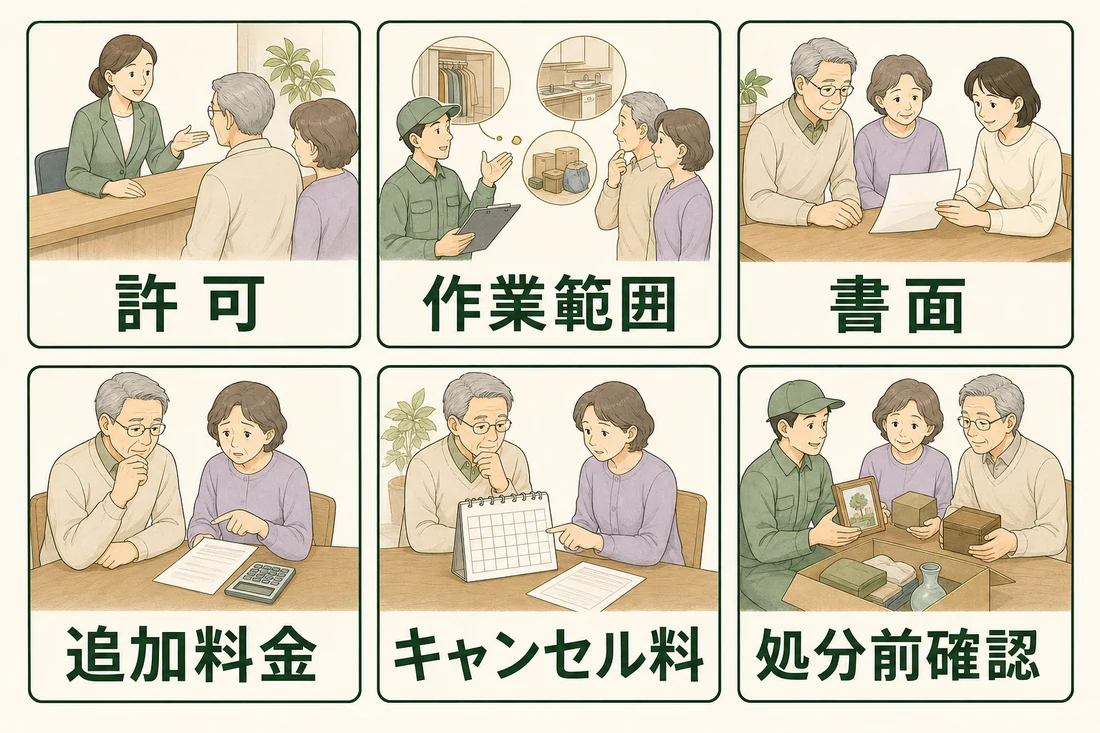許可、作業範囲、書面、追加料金、キャンセル料、処分前確認の小場面を並べた図解