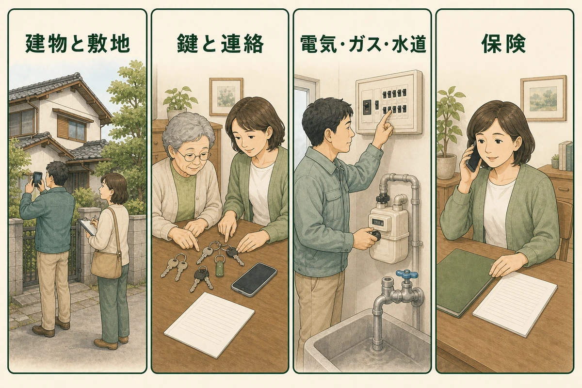 建物と敷地、鍵と連絡、ライフライン、保険の初期確認を並べた図解