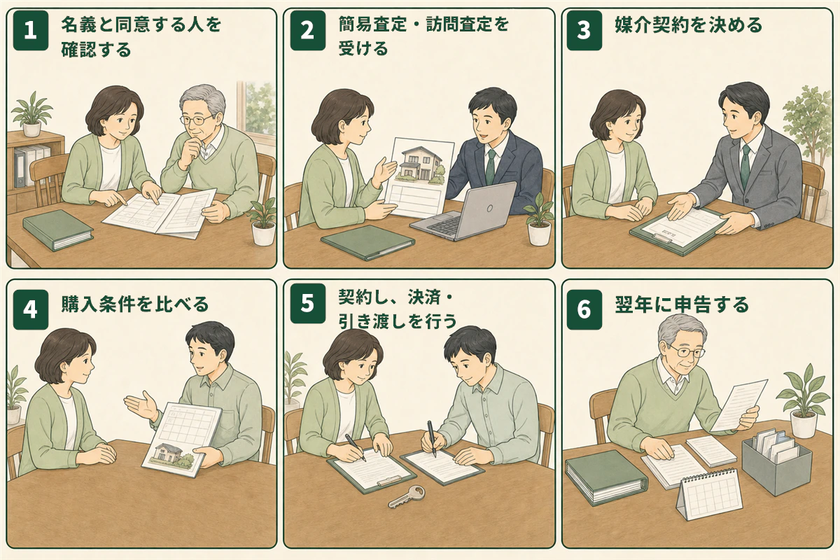 名義確認から査定、媒介契約、引き渡し、翌年申告までの6手順を示す図解