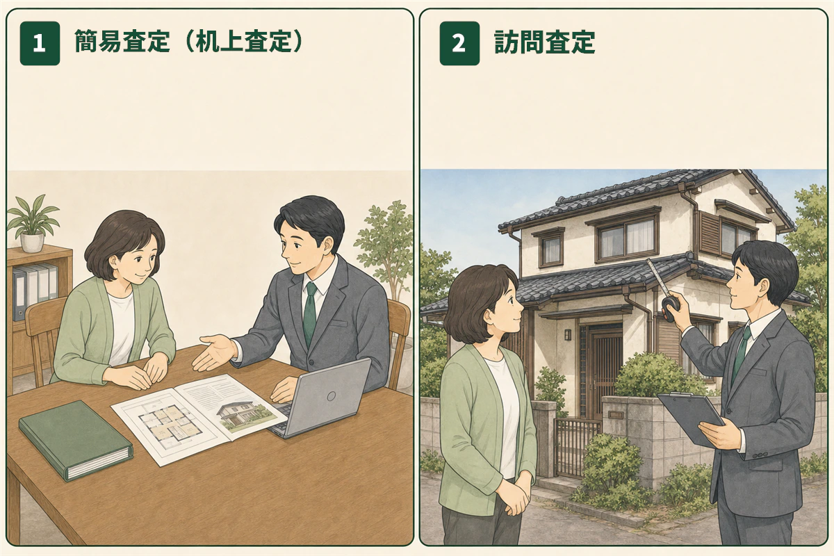 簡易査定と訪問査定を、資料確認と現地確認の場面で比べる図解