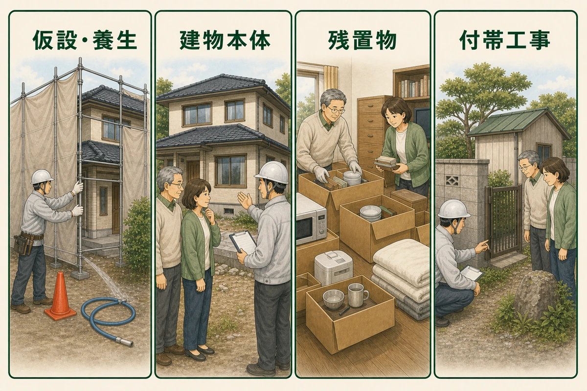 実家解体で別費用になりやすい仮設・養生、本体、残置物、付帯工事の図解
