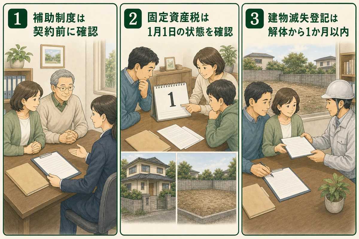 補助制度、固定資産税、建物滅失登記を契約や解体の時期とともに確認する図解