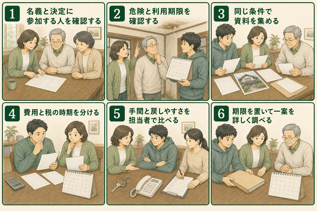 実家の選択を名義確認から再検討期限まで6手順で示す家族の図解