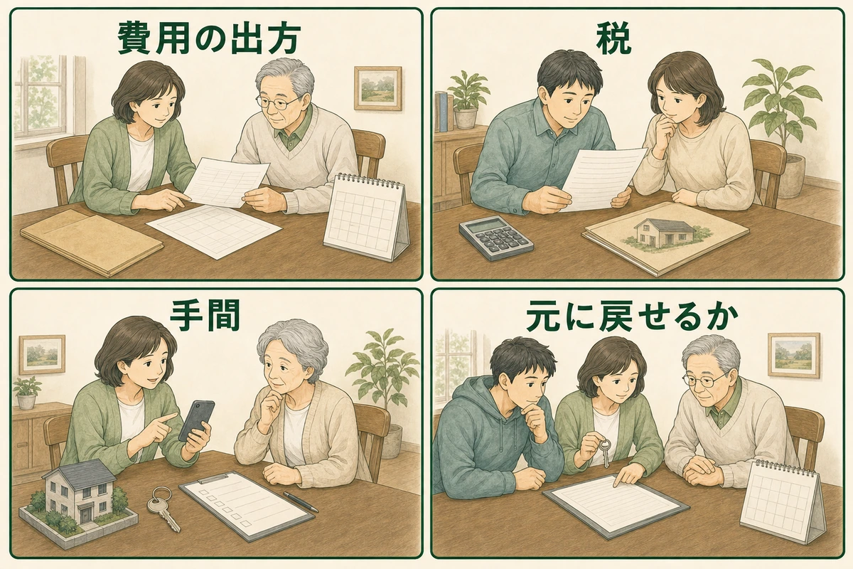 費用の出方・税・手間・元に戻せるかを4枠で並べて比べる家族の図解