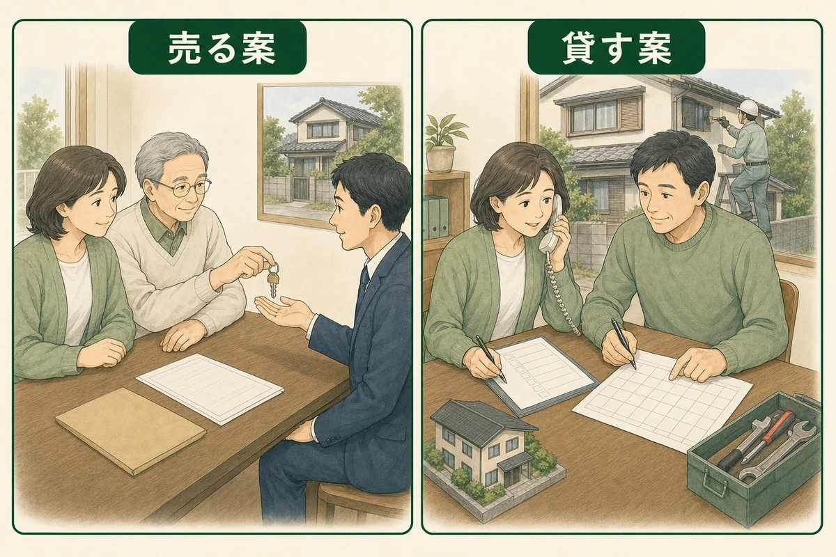 実家を売る案の鍵の引渡しと貸す案の継続管理を家族で比べる図解