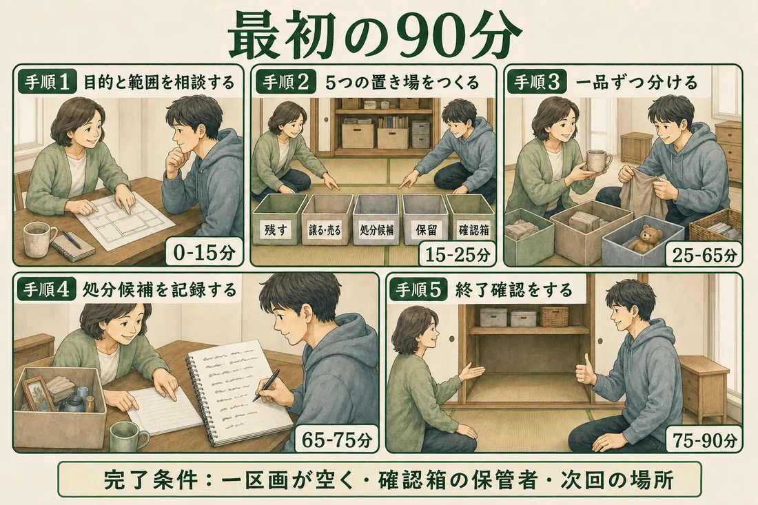 親子が初日の片付けを手順1から手順5まで進める場面の図解