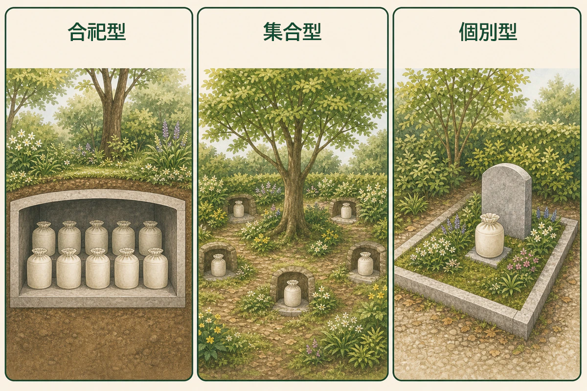 樹木葬の合祀型・集合型・個別型で遺骨の置き方を比べる図解