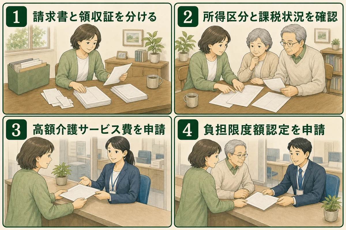 請求書と領収証の整理から二つの軽減制度申請までを4場面で示す図解