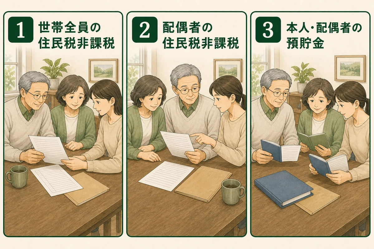 高齢夫婦と家族が住民税非課税と預貯金の確認点を確かめる図解