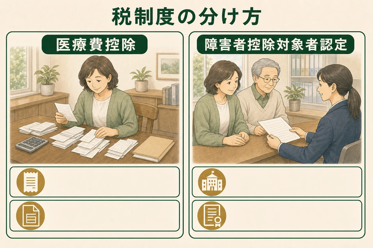 領収証を整理する女性と認定書を受け取る家族を左右に描いた図解