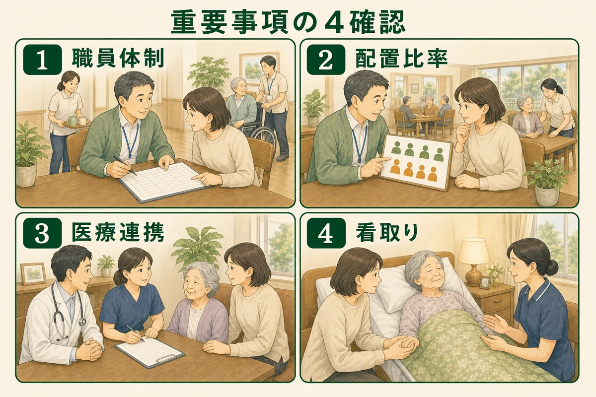 職員体制・配置比率・医療連携・看取りを4場面で確認する図解