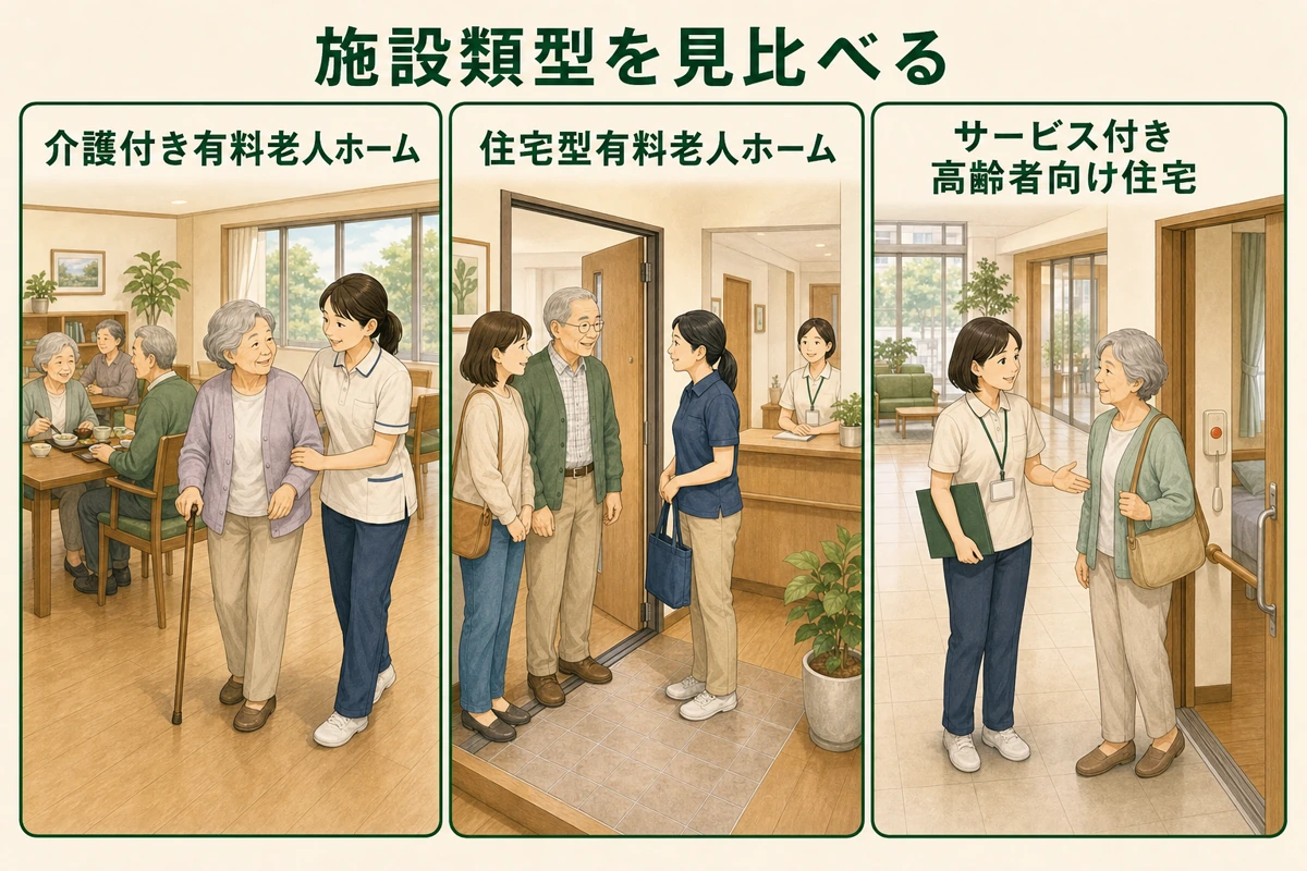 介護付き・住宅型・サービス付き高齢者向け住宅の違いを表す図解
