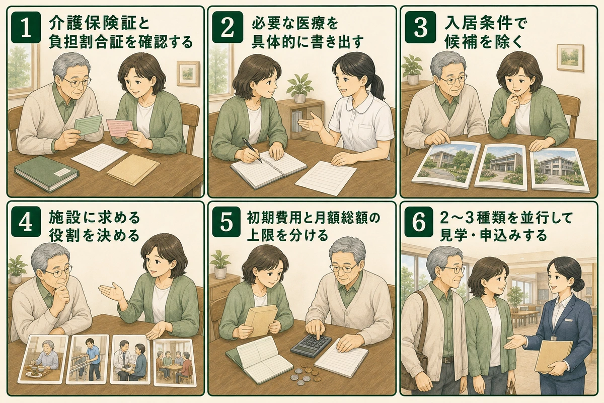 介護施設選びを保険証確認から見学・申込みまで6手順で示す図解