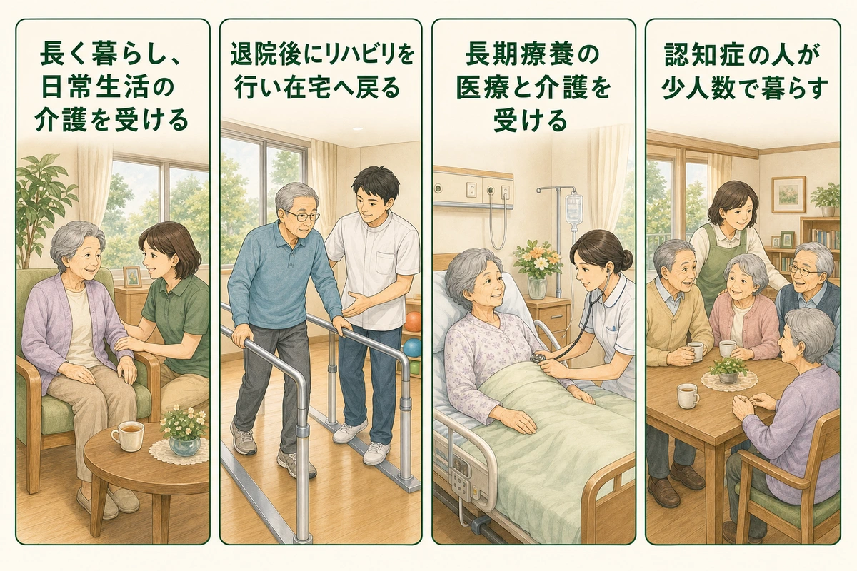 生活の場、在宅復帰、長期療養、少人数ケアの4つを比べる図解