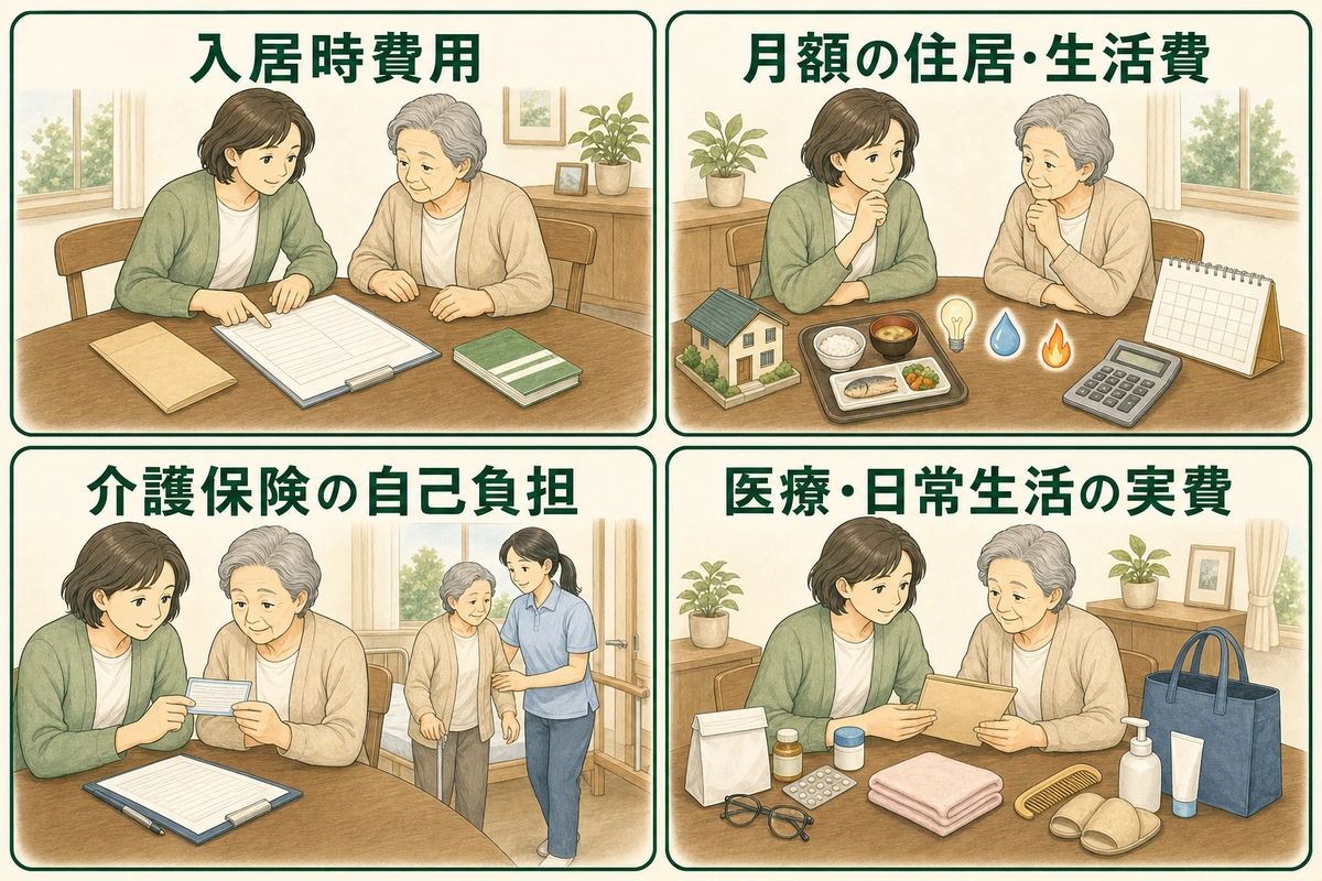 入居時、月額、介護保険、医療・生活実費の4区分を示す図解