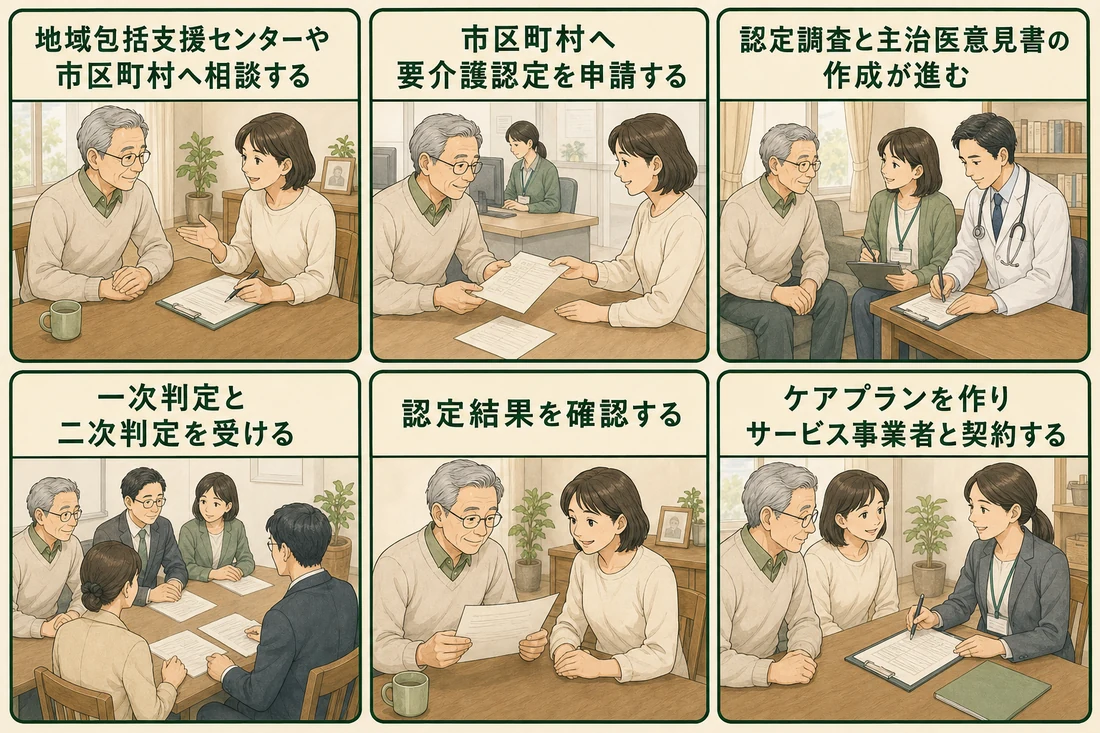 要介護認定の相談と申請からケアプラン作成、サービス利用開始までの6つの手順を示す図解