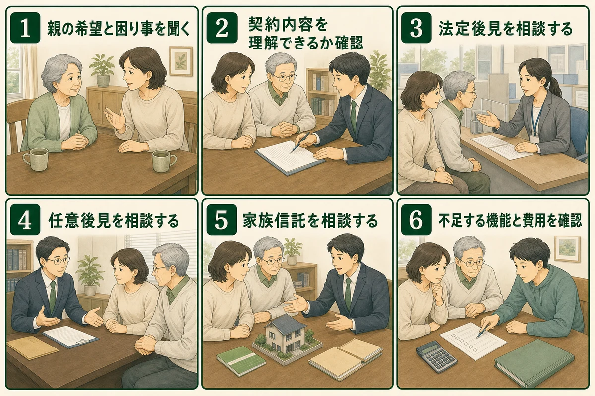 親の希望確認から家族信託・任意後見・法定後見の相談までを6手順で示す図解