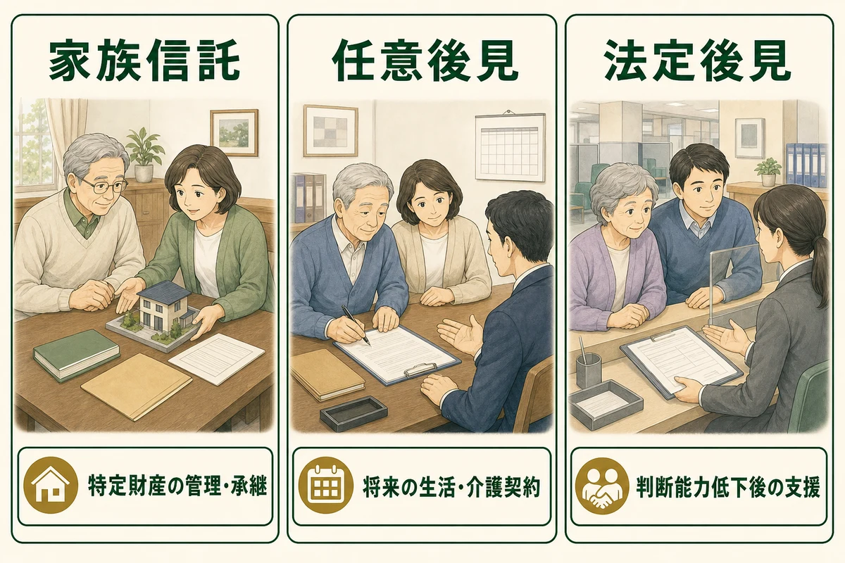 家族信託・任意後見・法定後見を三つの相談場面で比較する図解