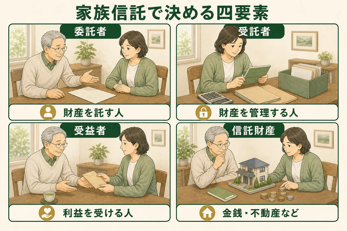 委託者・受託者・受益者と信託財産を日本人家族の場面で示した図解