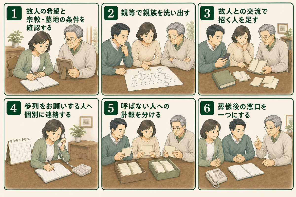 家族が故人の希望を確かめ、参列者選びから葬儀後の窓口決定までを進める六手順の図解