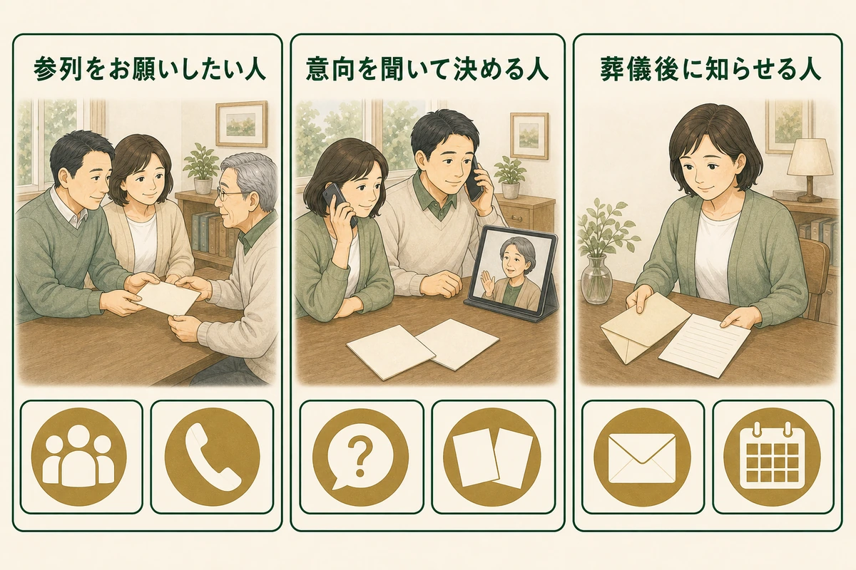 家族葬の候補者を、参列を頼む人、意向を聞く人、葬儀後に知らせる人へ分ける図解
