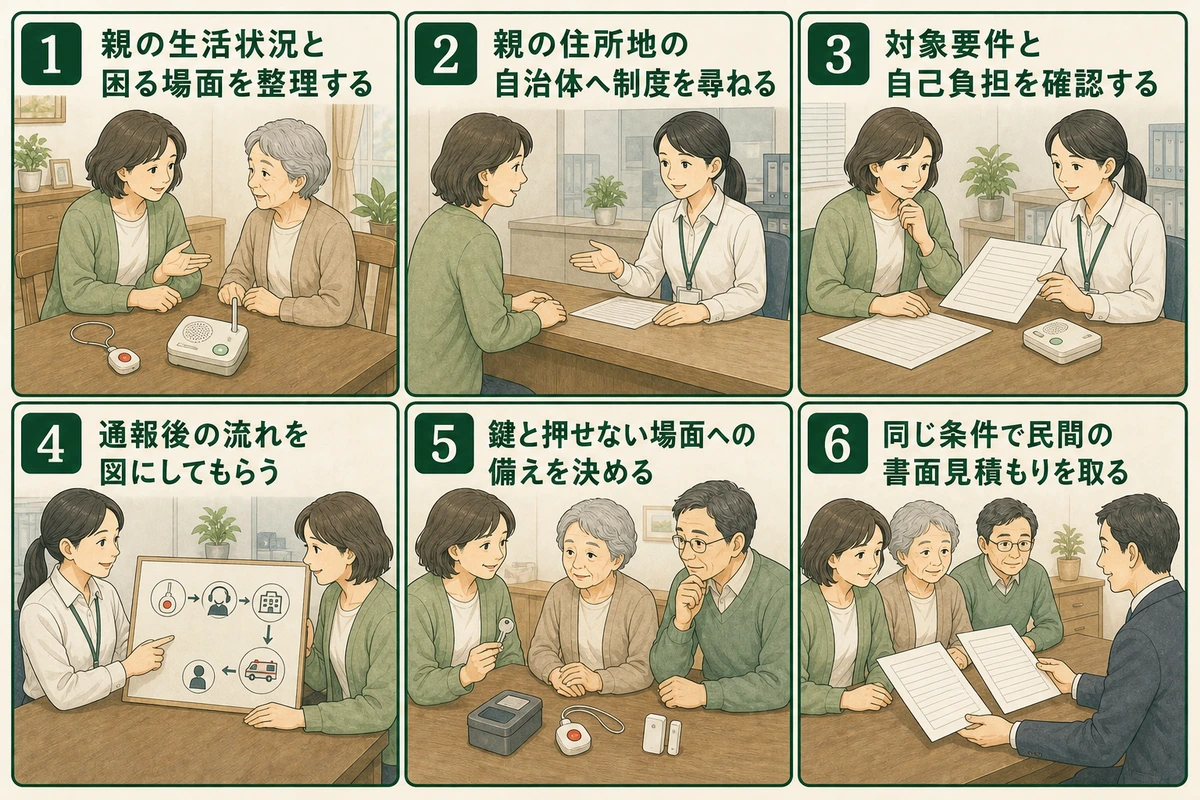 自治体確認から民間見積もりまでを6手順で示す緊急通報装置の図解