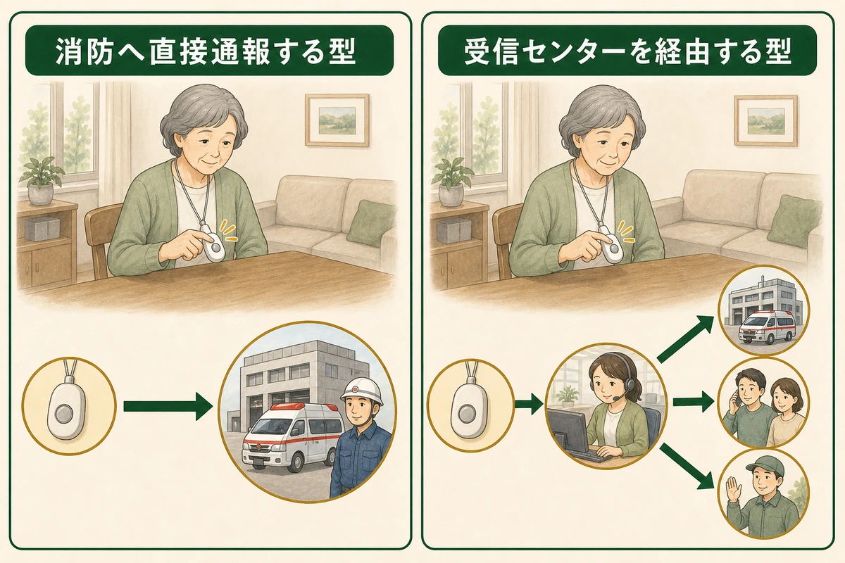 緊急ボタンから消防直通と受信センター経由の通報先を比べる図解