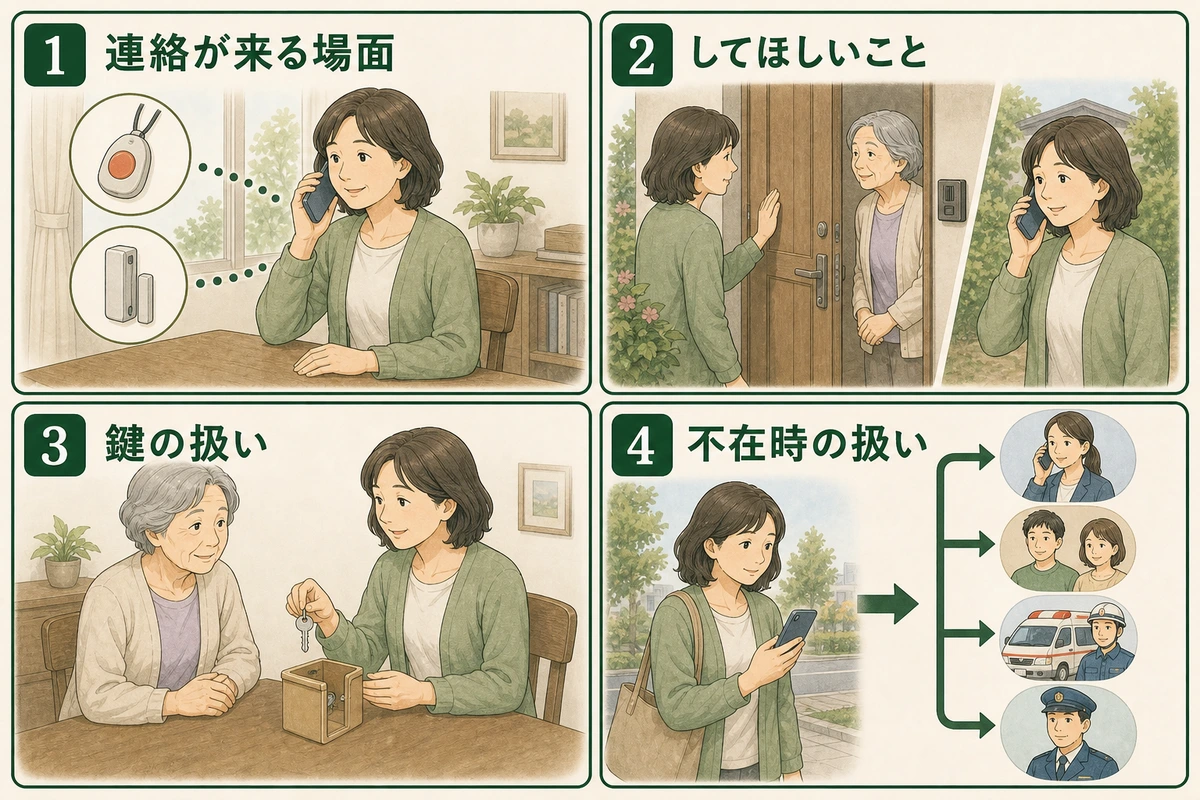 協力員への連絡、訪問、鍵、不在時の役割を4項目で示した図解