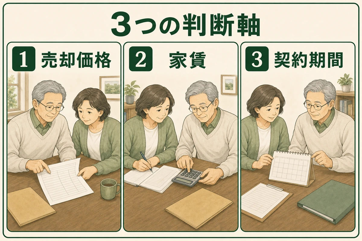 高齢の夫婦が売却価格・家賃・契約期間を一組で確認する3分割の図解