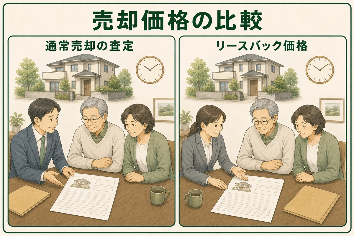 親子が通常売却の査定書とリースバック価格を並べて確認する比較図