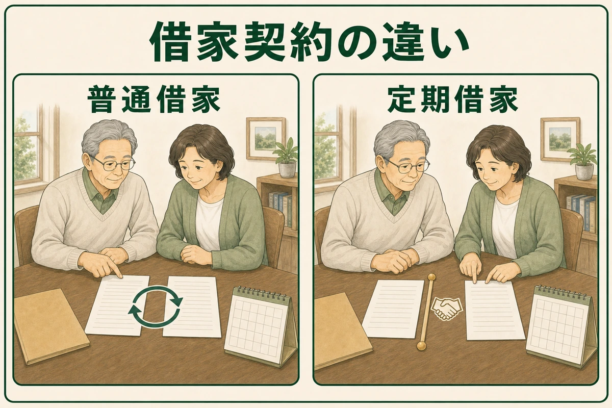 高齢夫婦が普通借家の更新と定期借家の期間満了を確認する比較図