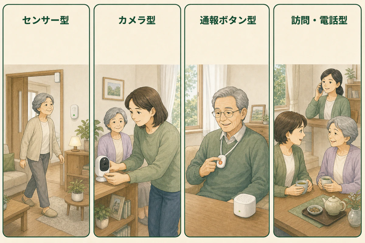 センサー、カメラ、通報ボタン、訪問・電話の4つの見守り場面を並べた図解