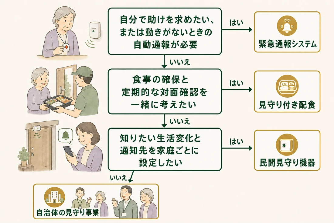 親の困りごとから最初に試す見守り方法を選ぶ判断フローの図解